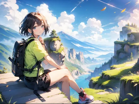in 8K、top-quality、​masterpiece、ultra-detailliert、Ultra-high resolution、((1 persons))、girl with、Short Bob、mountain climbing、backpack、Colored leaves