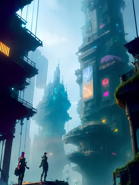 Watercolor,there are two people standing on a platform in a futuristic city, paul lehr and beeple, in fantasy sci - fi city, arstation and beeple highly, in a futuristic cyberpunk city, inspired by Paul Lehr, cyberpunk dreamscape, ancient sci - fi city, fu...
