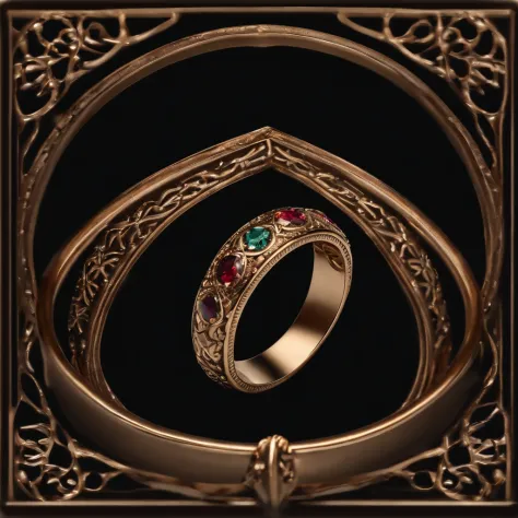 Bronze ring，patterned，Gemstone embellishment，simple backgound， with black background，Simple details