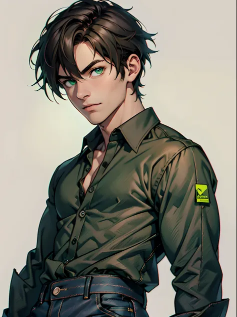 Anime boy with dark bronze, short hairs ((brown hairs))and light green eyes ((light green eyes)). Wearing black jeans and unbuttoned brown shirt on it ((black Jeans)) ((Unbuttoned brown shirt)). He poses to the photo ((portrait)). Black background, portrai...
