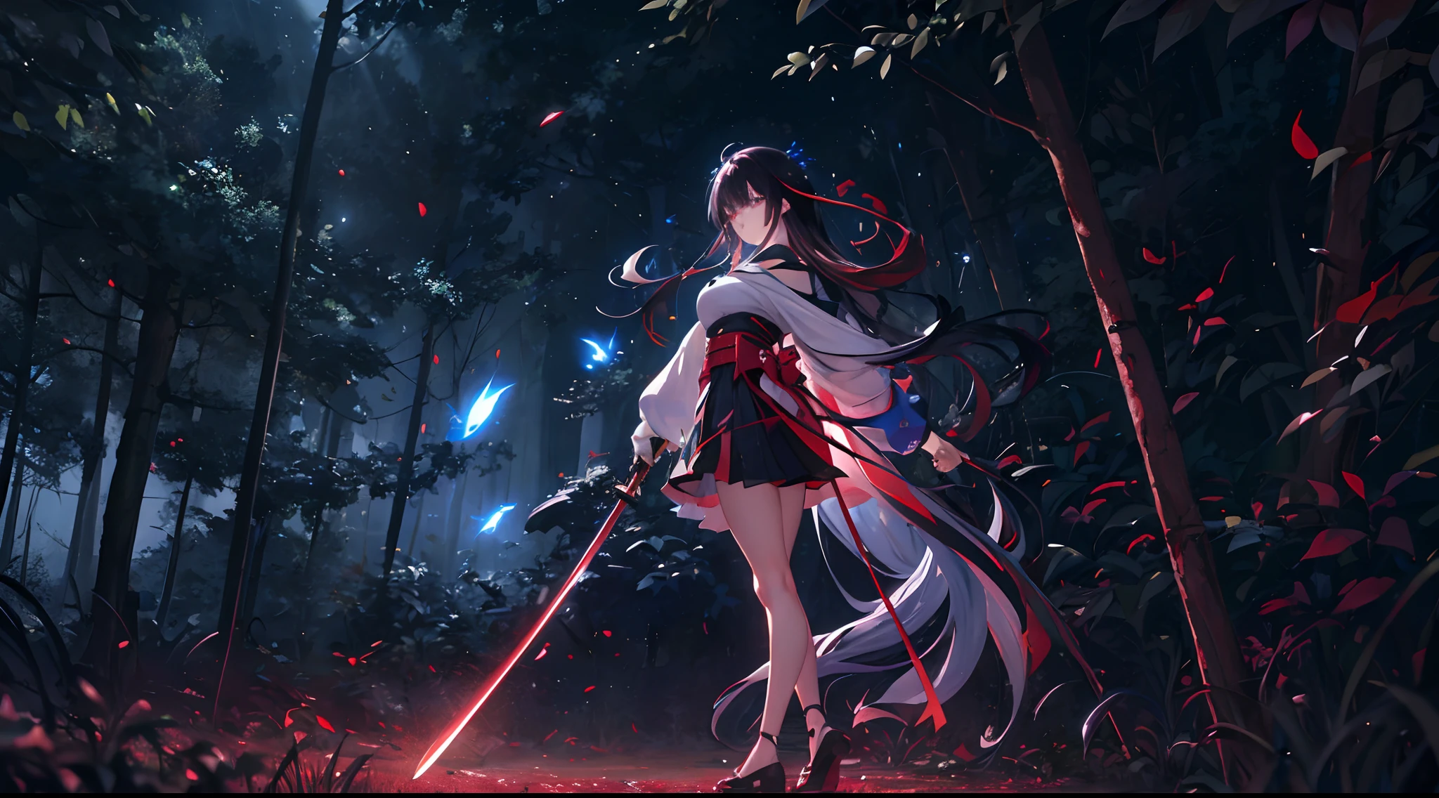 anime girl holding a red shiny katana dancing in the forest with blue leafage, black hair, Detailed silver eyes, Detail face, cute face, tears in right cheek, bare leg, show leg, full body, detailed skin, cinematic angle, insanely details, night sky, firefly ambient, cinematic lighting, soft lighting, random color cloud, absurdres, high res, ultrasharp, 8K, masterpiece, looking at viewer