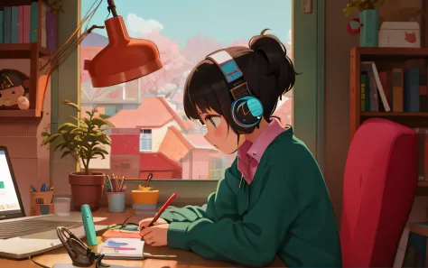 Menina anime sentada em uma mesa com um laptop e fones de ouvido em, menina ZERO, Elogio Artstyle, Retrato Lofi, Arte Lofi, Lofi...