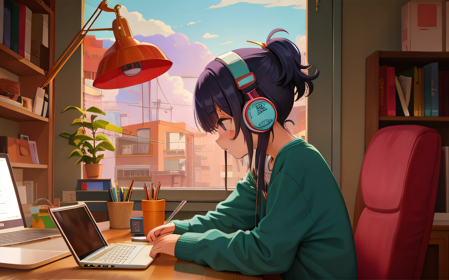 Menina anime sentada em uma mesa com um laptop e fones de ouvido em, menina ZERO, Elogio Artstyle, Retrato de Lofi, Arte Lofi, Lofi Sensation, zero, ZERO vibrations, Chillhop, lofi girl aesthetic, Arte Lo-fi, cores ZERO, lo-fi illustration style, Hip Hop Lofi, lofi aesthetic