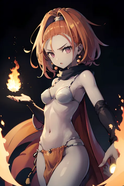 hight resolution、​masterpiece、1girl in、Short stature、A slender、The bikini、Orange loincloth、DQ6 Barbara、High Ponytail、(((bright white skin)))、Orange hair、dancer、Flame Magic、Putting out a big flame from the hand、Background engulfed in flames