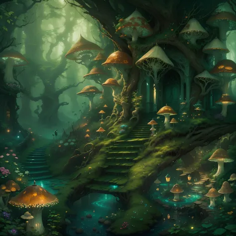 Magical forest, (High-res,Masterpiece:1.2), (Detailed,fine art) textured, (fairytale-like,fantasy) element in, (Lush big breasts,Exquisite) Foliage, (Whimsical,Enchanted) atmosphere,(dream-like)Forest Castle， (Ethereal,Otherworldly) colours, (Dreamlike,won...