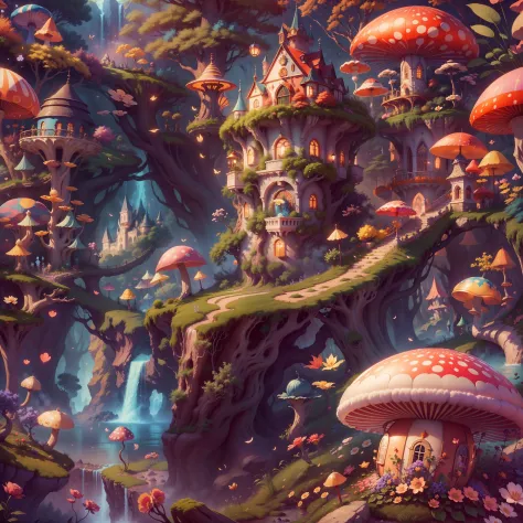 Best quality,4K,8K,A high resolution,Masterpiece:1.2,Ultra-detailed,Realistic:1.37,in wonderland,illustration,colorful landscapes,an enchanted forest,sparklingfairydust,Image in dreams,Queen of Hearts Castle,bushes,magic mushrooms,blossoms,waterfallr,Mysti...