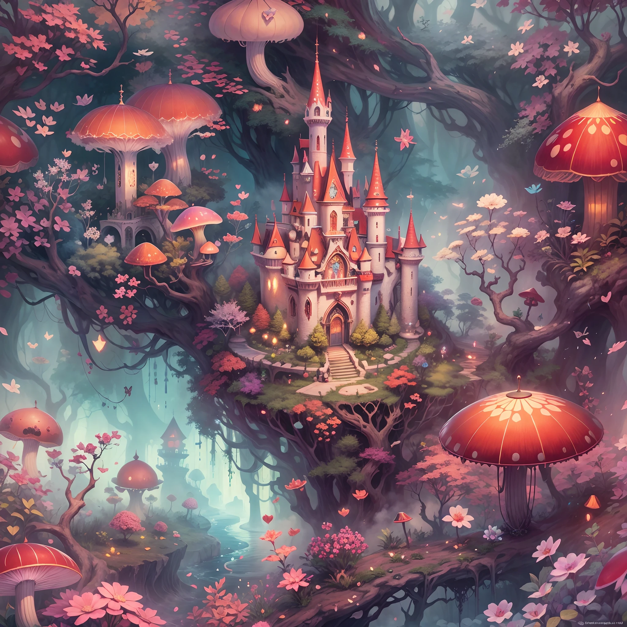 in wonderland,illustration,an enchanted forest,Magic and fantasy elements,Queen  of Hearts Castle - SeaArt AI