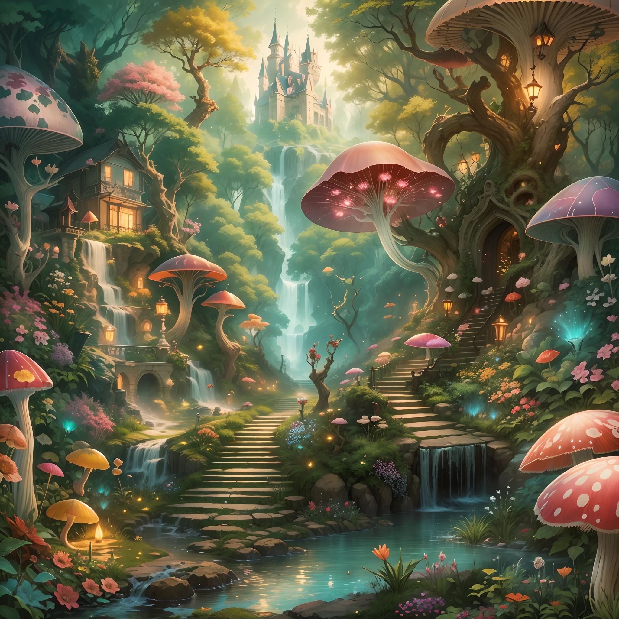 in wonderland,illustration,an enchanted forest,A magical forest of vibrant  plants,Magic and fantasy elements - SeaArt AI