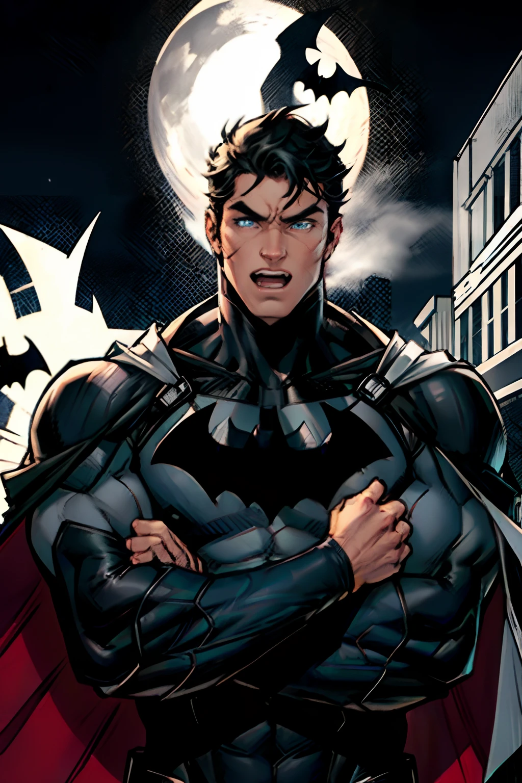 jim lee, 1boy, batman abs, bara, black hair, gray bodysuit, blue eyes, bodysuit, cape, open mouth, crossed arms, large pectorals, male focus, muscular, muscular male, pectoral lift, pectorals, black cape, short hair, simple background, solo, superhero, upper body,flat style , ((masterpiece))