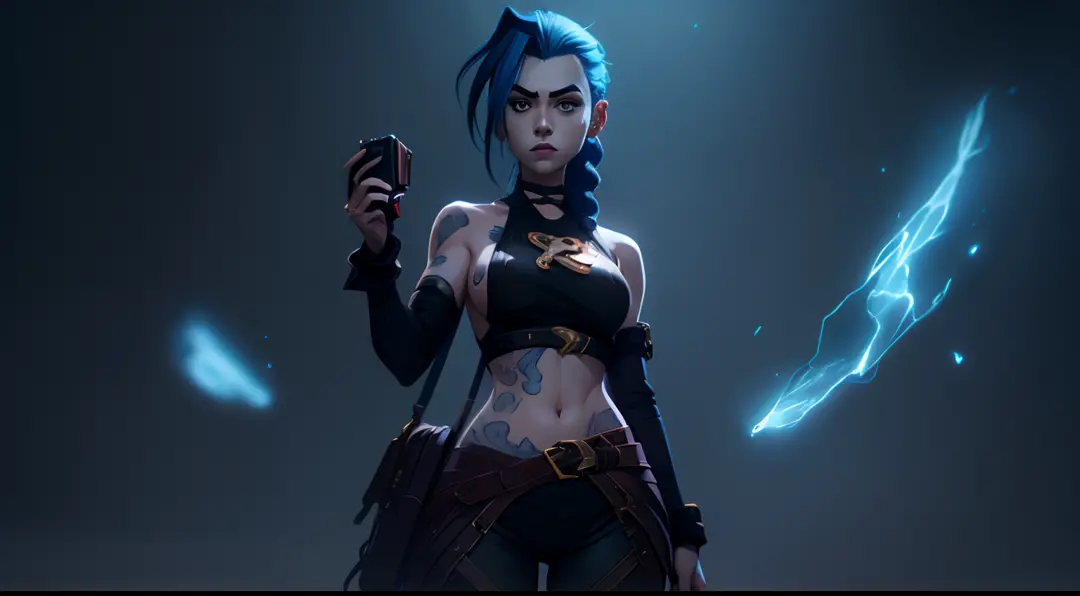 Jinx's character design, sexypose, Erotica, bare breast, teats, Beautiful figure,  butt, kitty, Arcane's Jinx, Holding a sparkli...