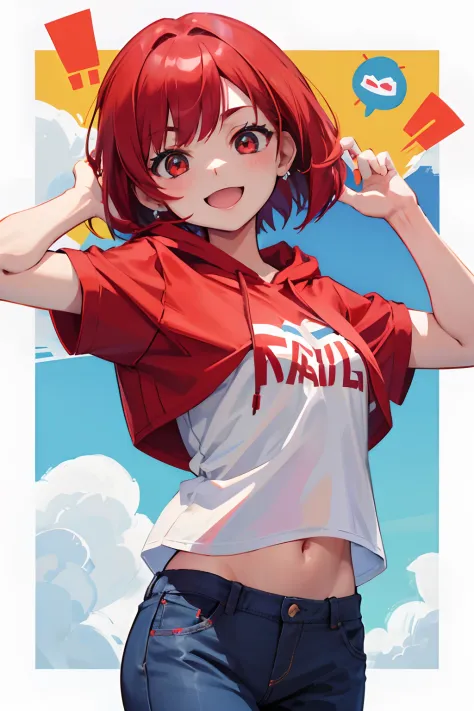 Girl with red medium bob hair、17 age、One Woman、full bodyesbian、The upper part of the body:0.7、from the front side、Navel Ejection、Cheerful smile、medium chest、white t-shirts、Red hoodie、Blue Hot Pants、Do not photograph hands、top-quality