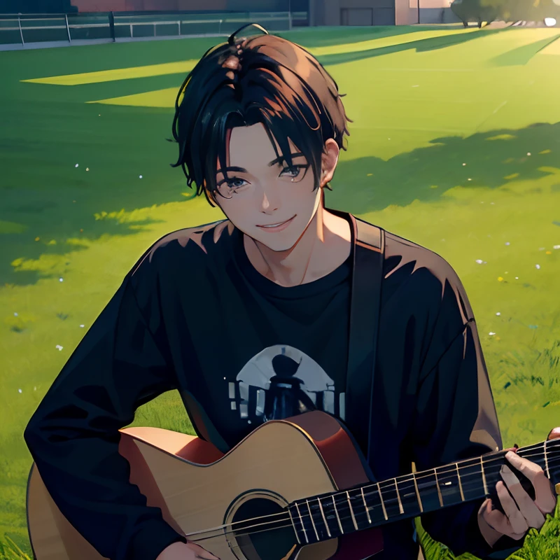 （best qualtiy，tmasterpiece：1.1），（fidelity：1.4），30 years old man， plays the guitar, Smile, Sit on the field、A dark-haired、open forehead、short-haired、Black Long Sleeve T-Shirt