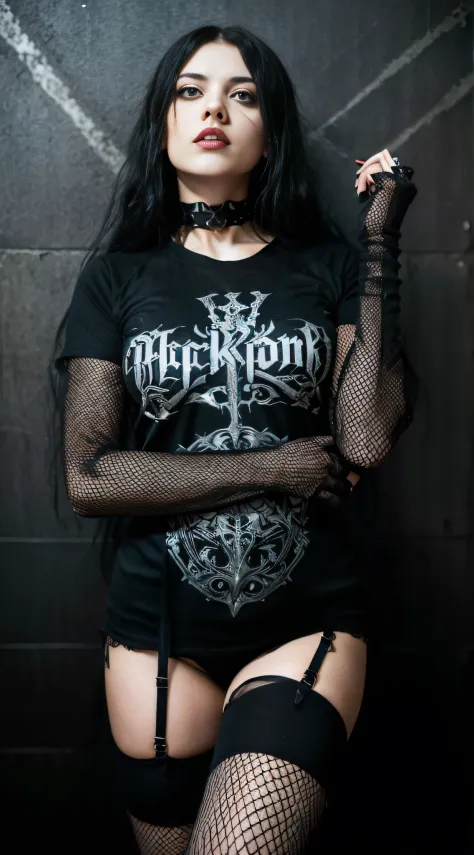 a woman in a black shirt posing for a picture, by Yerkaland, tumblr, gothic art, black metal band logo, midgar, mesh shirt, leviathan cross, 1 7 - year - old anime goth girl, cybernetic implant h 768, official product photo, hyperdetailed