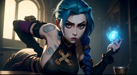Jinx's character design, sexypose, Erotica, bare breast, teats, Beautiful figure,  butt, kitty, Arcane's Jinx, Holding a sparkling and glowing box in his hands, Bright blue and purple sparks all around, glowing eyes, Pink glowing eyes, hairlong, hairsh, braided into long braids, Pigtails hang below the knee, Hair color changes from bright blue to navy blue, Dressed in brown breeches, Leather boots on the feet, Top with four gold circles on the chest in the middle of the chest, Blue cloud tattoos on shoulders and waist, Long bangs, hanging on the right side, Belt with cartridges on the belt, A pistol in a holster on his left leg, Arcane style, extremely detailed CG unity 8k wallpaper, detailed light, Cinematic lighting, chromatic aberration, glittering, expressionless, epic composition, dark in the background, Cherecter Desing, Very detailed, Detailed body, Vibrants, Detailed Face, sharp-focus, anime art, Vibrants, Detailed Face, Hugh Details, sharp-focus, Very drooping face, A detailed eye, super fine illustration, better shadow, finely detail, Beautiful detailed glow, Beautiful detailed, Extremely detailed, expressionless, epic composition,