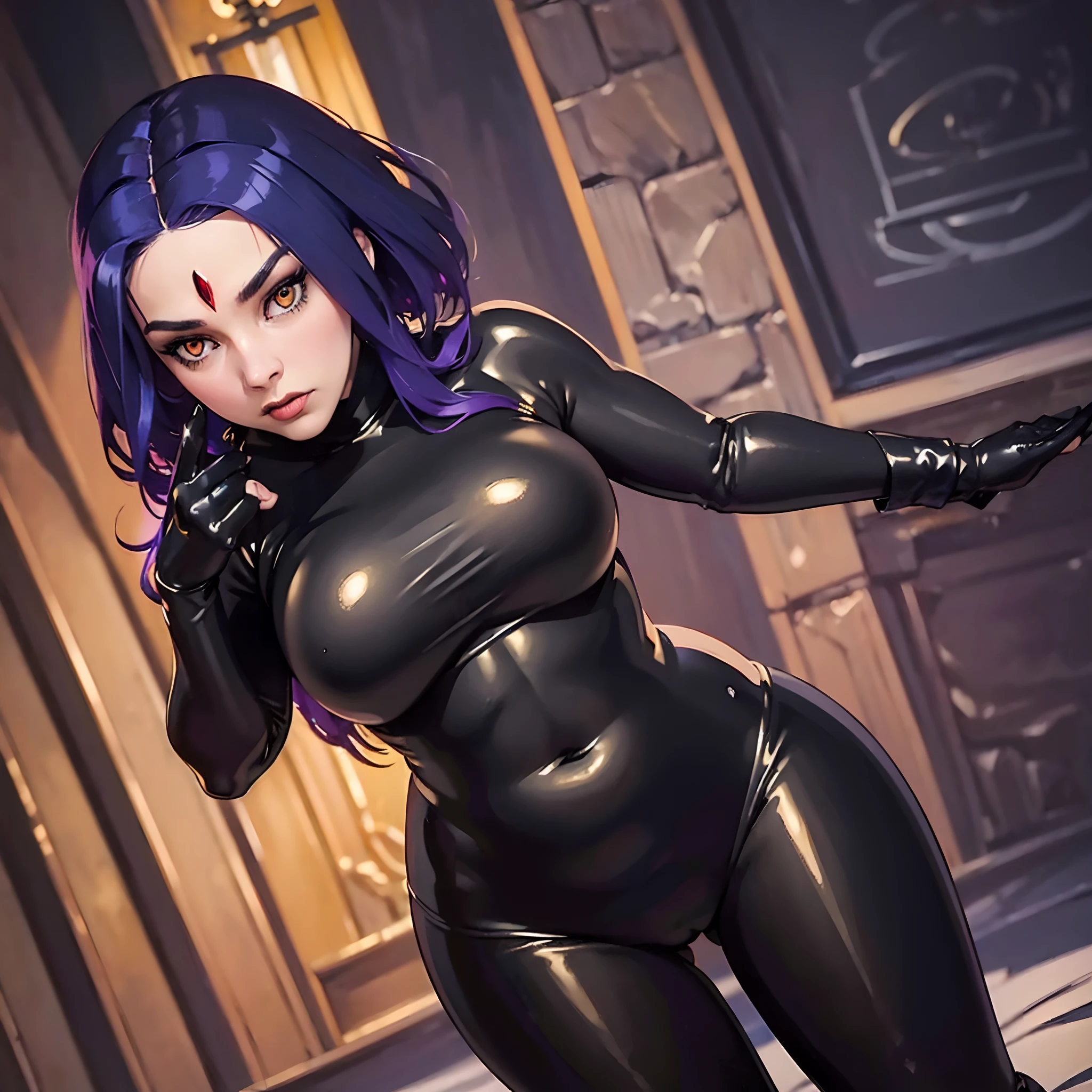 (best quality,ultra-detailed,realistic:1.37),Raven,thick,nsfw,hourglass figure,latex suit,dark atmosphere,golden eyes,intense gaze,seductive pose,sleek hair,mysterious background,shiny texture,hypnotic makeup,vivid colors,low-key lighting,artistic rendering, hourglass figure, thick, curvy,