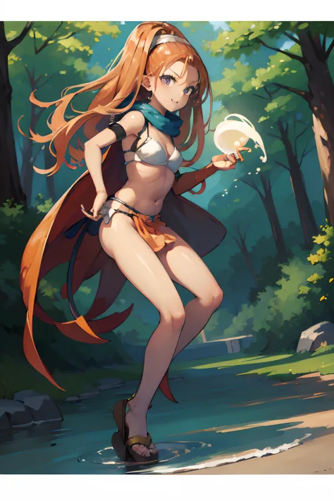 hight resolution、​masterpiece、1girl in、Short stature、A slender、The bikini、Orange loincloth、DQ6 Barbara、High Ponytail、(((very light white-beige skin,,,)))、Orange hair、Bright lighting、Holding your knees、Floating in mid-air、A smile、plein air