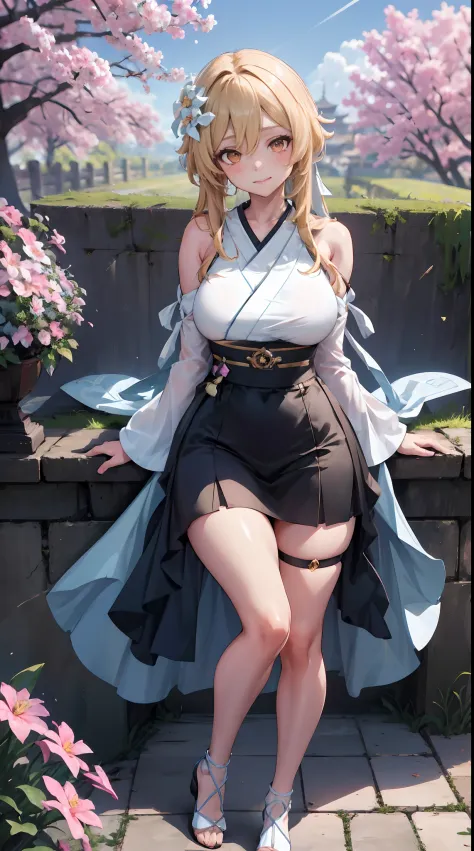 Lumine | genshin impact, master-piece, bestquality, 1girls,25 years old, proportional body, proportional., long-haired, Wear Hanbok, gigantic breasts, ,bara, choker, Standing in the middle of a flower garden, outdoor, The sky is beautiful, arm behind back,...