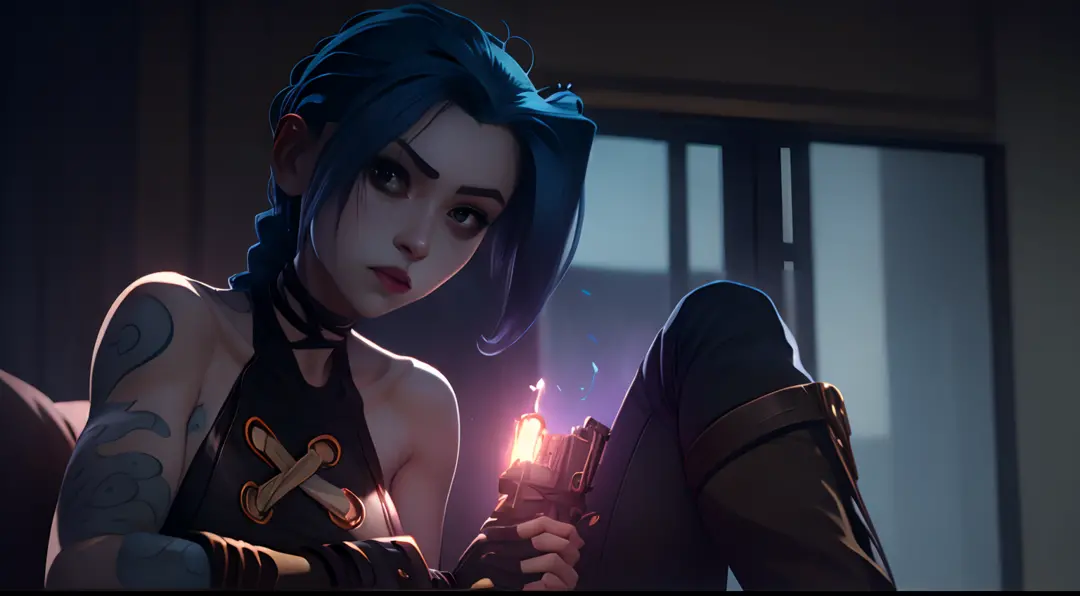 Jinx's character design, sexypose, Erotica, bare breast, teats, Beautiful figure,  butt, kitty, Arcane's Jinx, Holding a sparkling and glowing box in his hands, Bright blue and purple sparks all around, glowing eyes, Pink glowing eyes, hairlong, hairsh, br...
