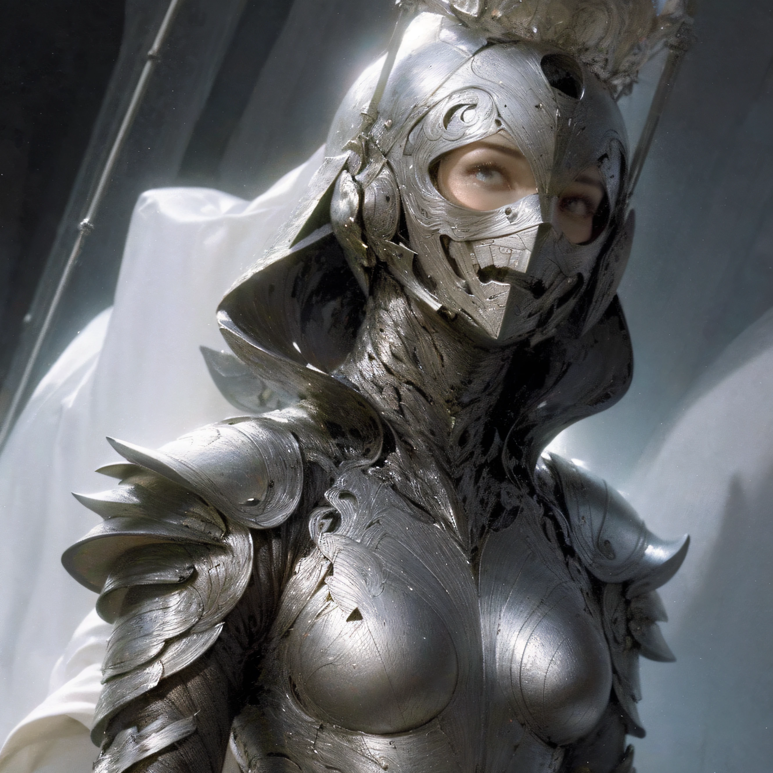 Black armor wrapped，shelmet，White cape，Older women，modern day