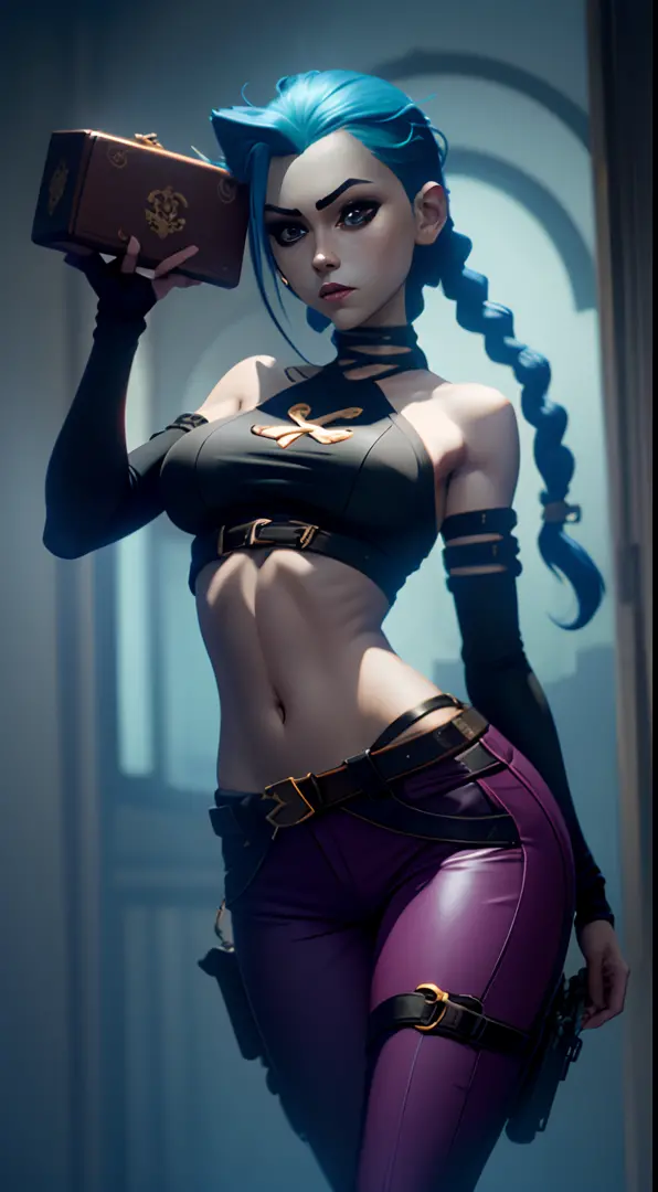 Jinx's character design, sexypose, Erotica, bare breast, teats, Beautiful figure,  butt, kitty, Arcane's Jinx, Holding a sparkling and glowing box in his hands, Bright blue and purple sparks all around, glowing eyes, Pink glowing eyes, hairlong, hairsh, br...