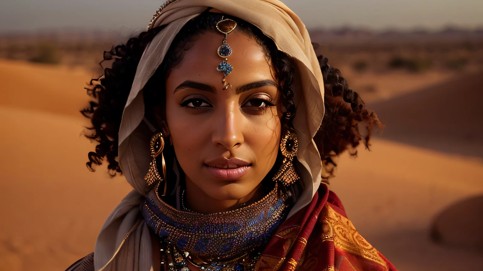 a woman with a scarf and jewelry in the desert, gorgeous woman, photo of a beautiful woman, gorgeous beautiful woman, stunning african princess, middle eastern skin, olive skinned, beautiful portrait, brown skinned, very beautiful woman, african queen, with brown skin, incredibly beautiful, imaan hammam, beautiful woman, african, extremely beautiful face, very very beautiful woman