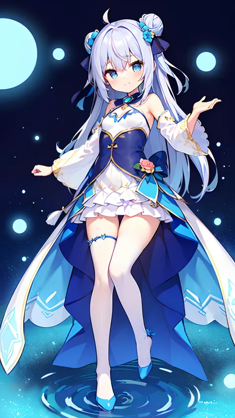 (top-quality), (​masterpiece)、(ultla detailed)、(Beautiful girl alone:1.5)、Lori、cute little、The background is space、Floating、A smile、(FULL BODYSHOT)、From  above、(Blue Party Dress:1.5)、Constellation pattern on clothes、(Detached sleeves)、white frills、(12year ...