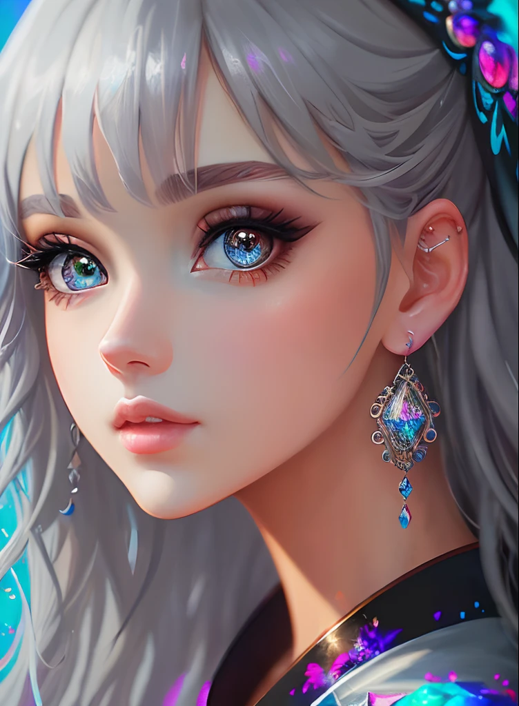 ((topquality)), ((tmasterpiece)), ((realisitic)), (more detailed),Animesk、Stylized as anime、 (1 woman）Earrings Only Accessories、Close-up portrait of a woman with gray hair、Beautiful shining eyes, Like crystal clear glass、Tops、Summer Clothing、4K High Definition Digital Art、stunning digital illustration、Stunning 8k graphics、colorful digital fantasy art、Colorful & Vibrant、Beautiful digital artwork、Colorful Digital Anime Art、a portrait of a beautiful woman、Цифровые обои 8K HD、 gorgeous digital painting