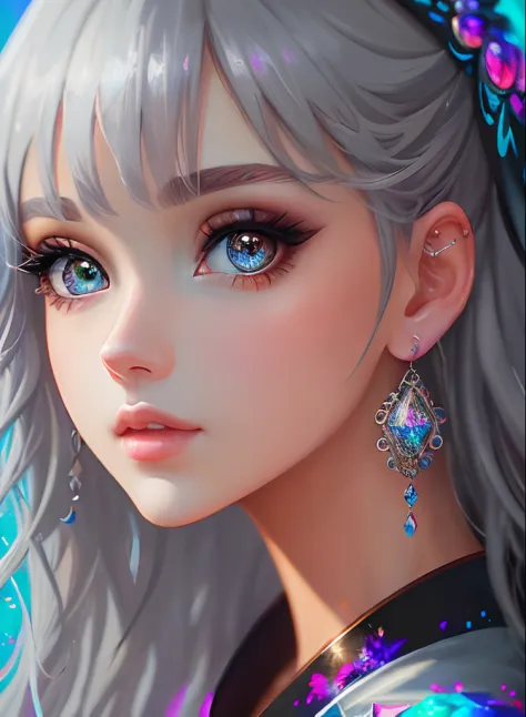 ((topquality)), ((tmasterpiece)), ((realisitic)), (more detailed),Animesk、Stylized as anime、 (1 woman）Earrings Only Accessories、Close-up portrait of a woman with gray hair、Beautiful shining eyes, Like crystal clear glass、Tops、Summer Clothing、4K High Defini...