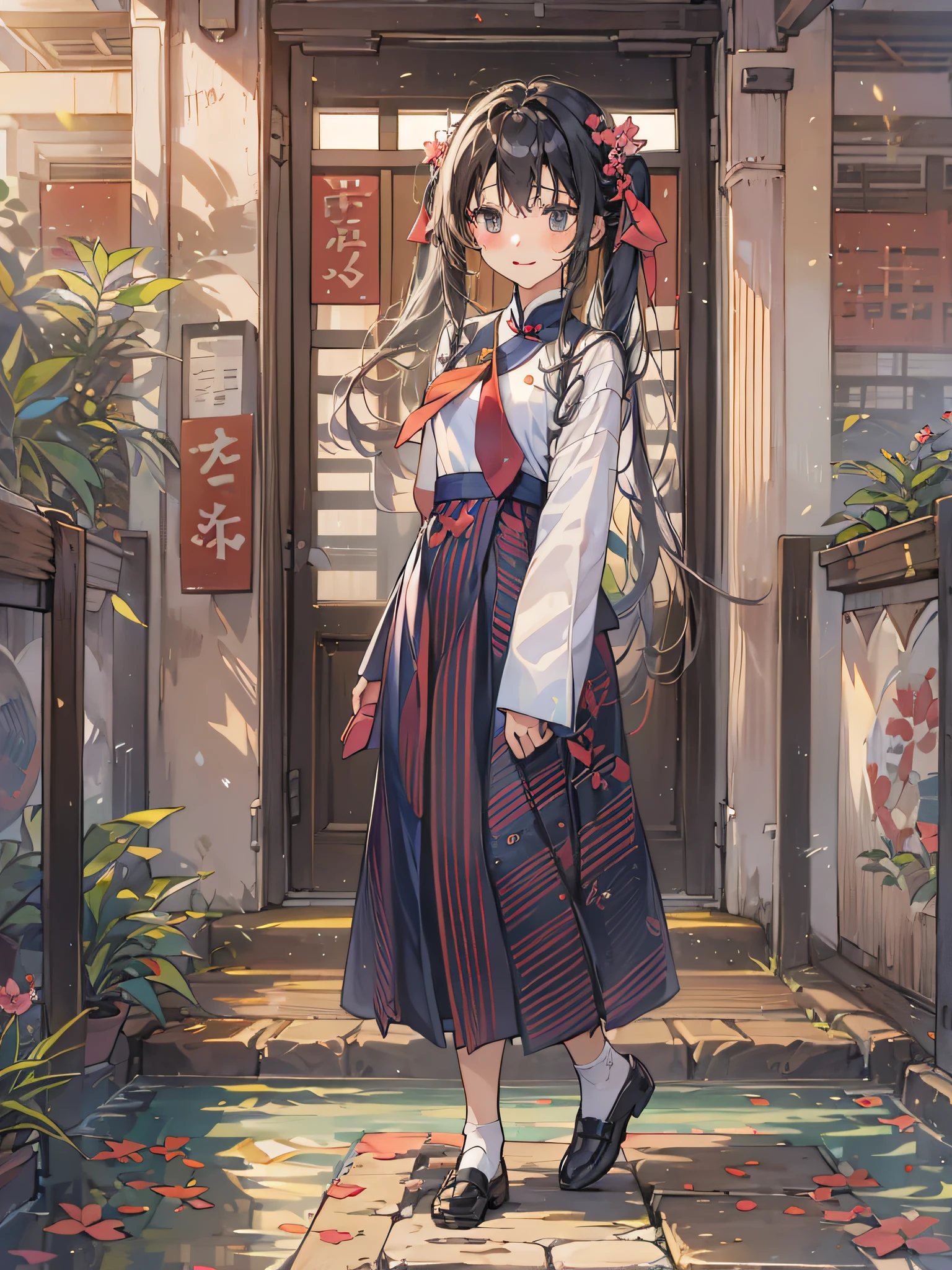 Chica anime con un vestido tradicional japonés parada frente a una puerta.  - SeaArt AI