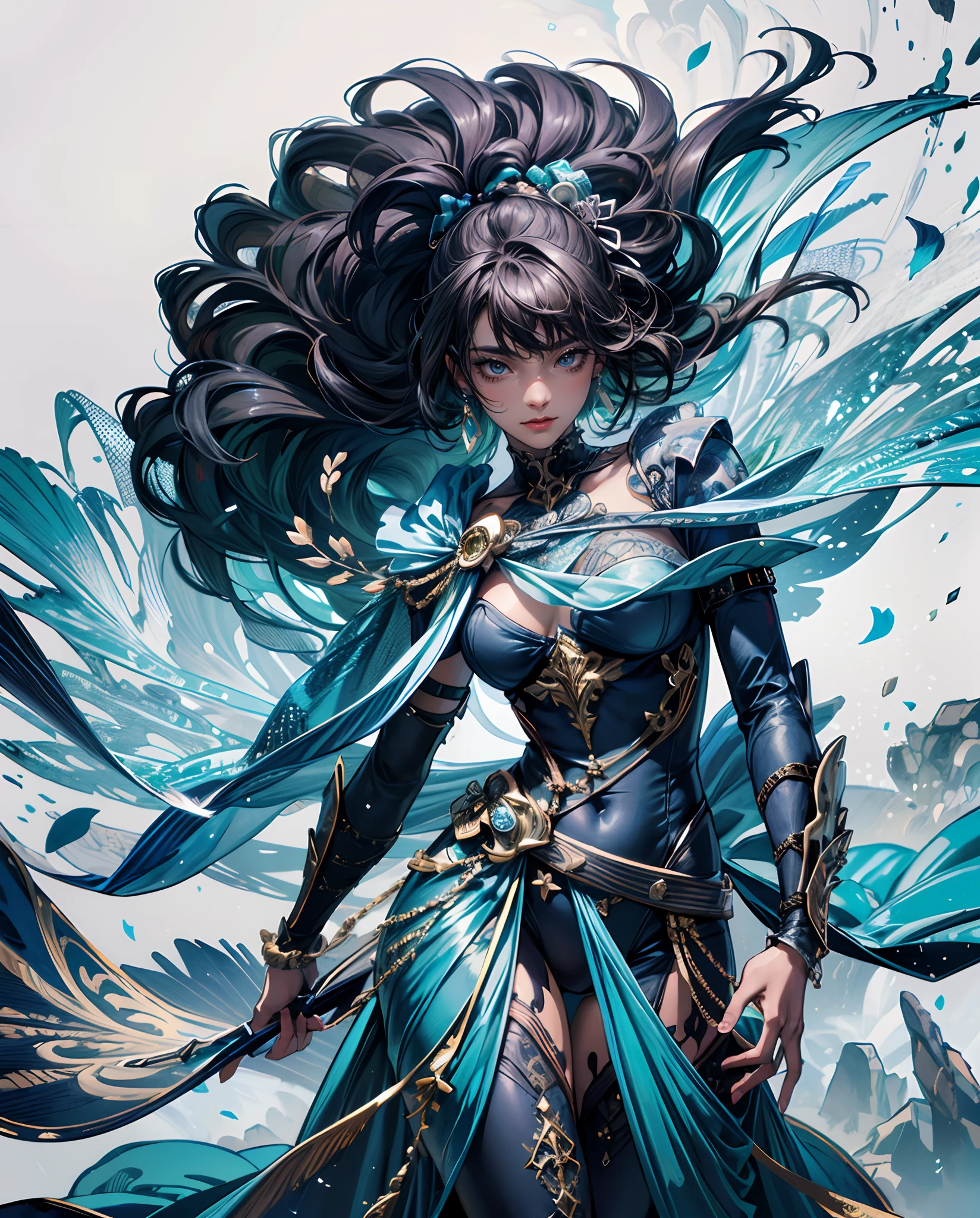 Fine illustration, ultra detailed, highres, from below, beautiful, elegant woman, elegant standing_pose, blue_dress, black_afro_glistening long hair, warrior, dark_skin_female, Fantasy world, detailed bodysuit with glittery paladin woman_dress, detailed embroidery, extremely layered frills, detailed texture, detailed pattern, mage,