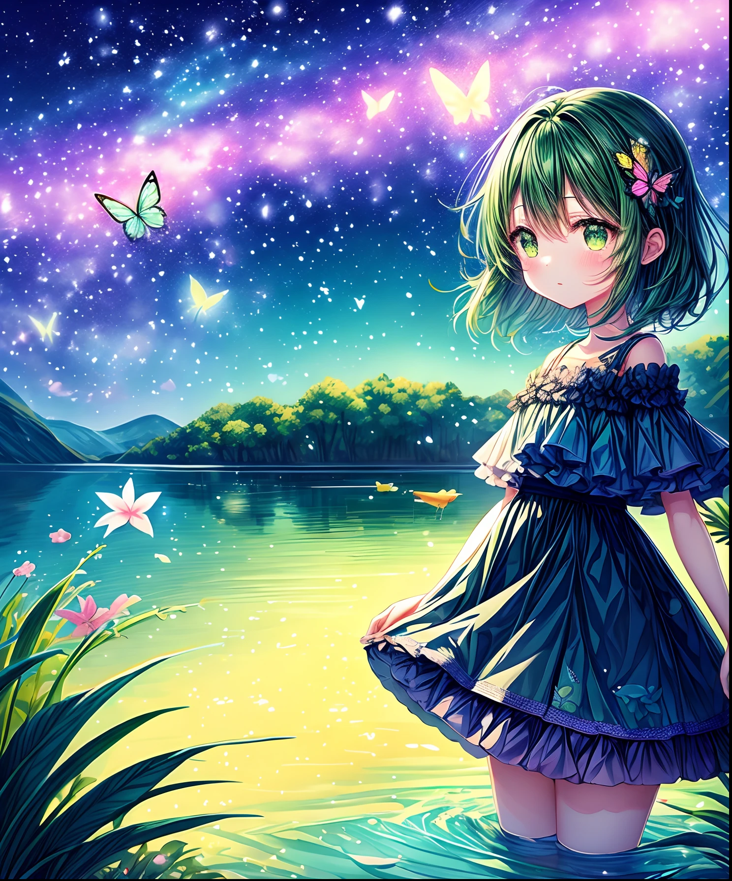 Cute girl characters、Green grass々Drawing a butterfly flying over the water, Looking up at the starry sky. Surround her with colorful nebulae and colorful forests.