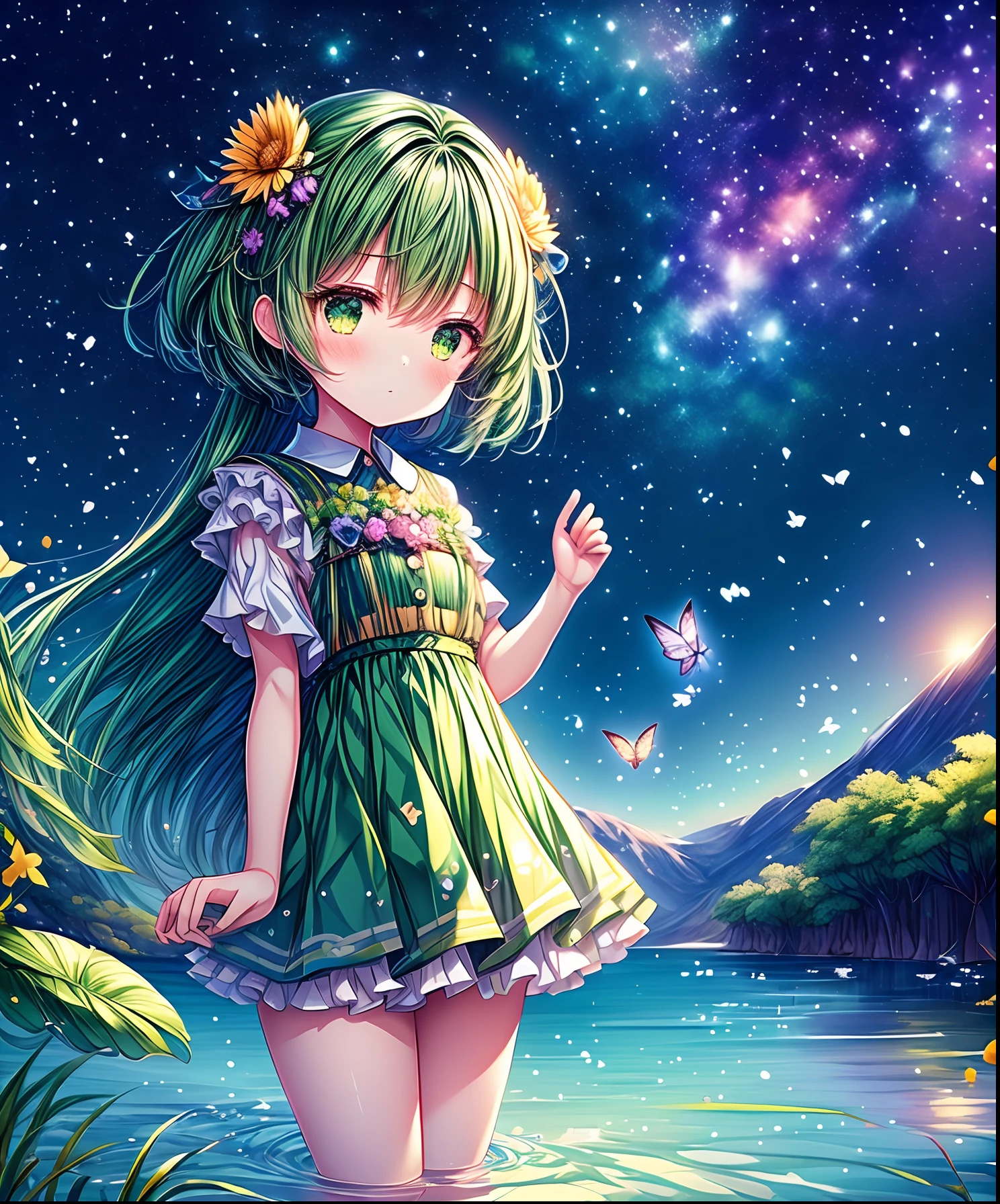 Cute girl characters、Green grass々Drawing a butterfly flying over the water, Looking up at the starry sky. Surround her with colorful nebulae and colorful forests.