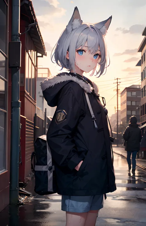 ​masterpiece,Top image quality,hight resolution,imagem 4k,Raw photo,Photorealsitic,{Solo},teens girl,Embarrassment,Silverberry Shorthair,stare at each other,Wet,Blue eyes,小柄,Silver fox ears,Fox tail,boyish,parka,shortpants,ruined and devastated city