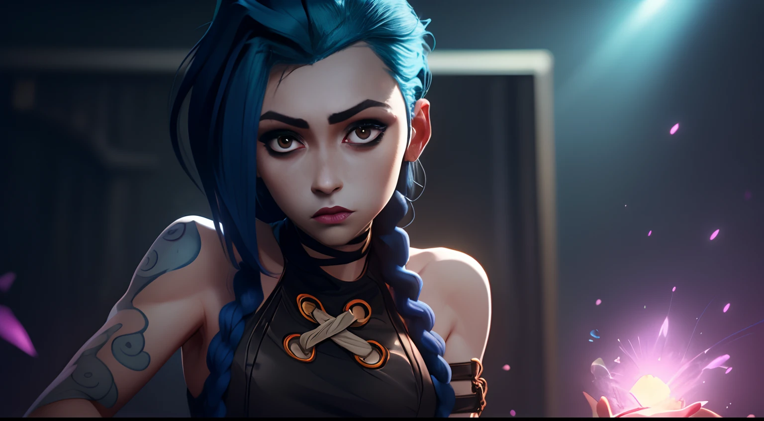 Jinx's character design, sexypose, Beautiful figure, Arcane's Jinx, Holding a sparkling and glowing box in his hands, Bright blue and purple sparks all around, glowing eyes, Pink glowing eyes, hairlong, hairsh, braided into long braids, Pigtails hang below the knee, Hair color changes from bright blue to navy blue, Dressed in brown breeches, Leather boots on the feet, Top with four gold circles on the chest in the middle of the chest, Blue cloud tattoos on shoulders and waist, Long bangs, hanging on the right side, Belt with cartridges on the belt, Arcane style, extremely detailed CG unity 8k wallpaper, detailed light, Cinematic lighting, chromatic aberration, glittering, expressionless, epic composition, dark in the background, Cherecter Desing, Very detailed, Detailed body, Vibrants, Detailed Face, sharp-focus, anime art, Vibrants, Detailed Face, Hugh Details, sharp-focus, Very drooping face, A detailed eye, super fine illustration, better shadow, finely detail, Beautiful detailed glow, Beautiful detailed, Extremely detailed, expressionless, epic composition,