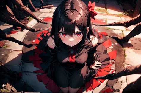 1 loli girl ,(Faintly emerge from the darkness), from above ,(((Expressionless))) , ((rape eyes)) ,black hair, long hair, ribbon...