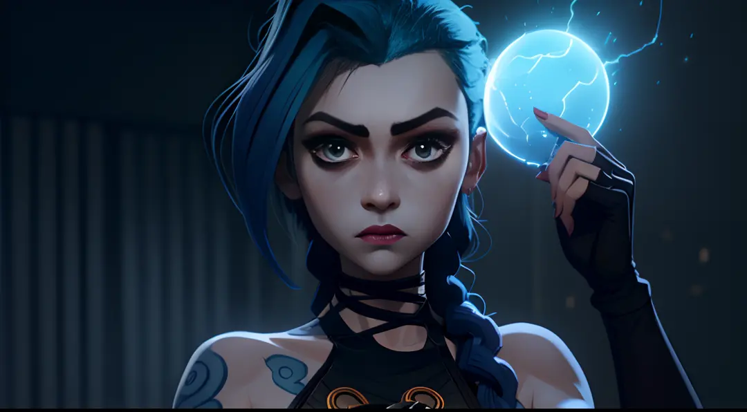Jinx's character design, sexypose, Beautiful figure, Arcane's Jinx, Holding a sparkling and glowing box in his hands, Bright blue and purple sparks all around, glowing eyes, Pink glowing eyes, hairlong, hairsh, braided into long braids, Pigtails hang below...