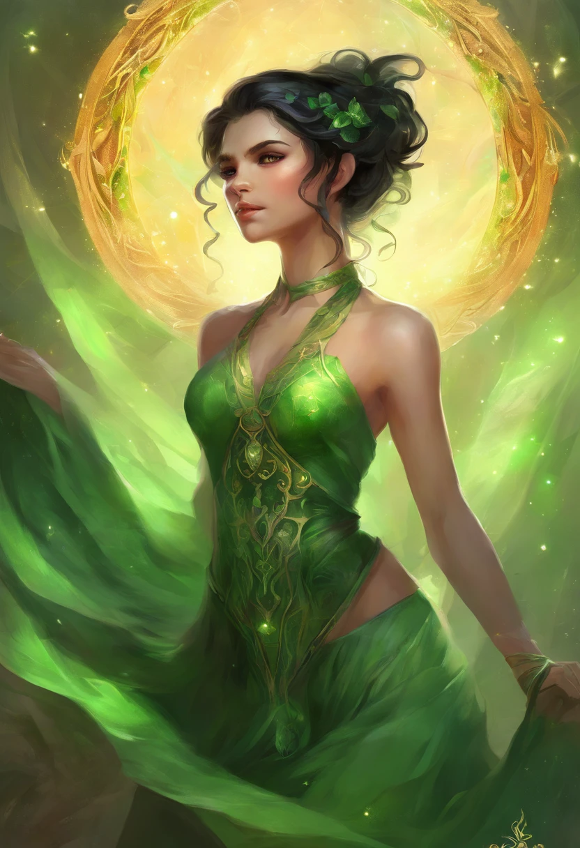 female elf, short black hair, green dress, frilly green halter top, navel, full body, bare feet, hand on hip