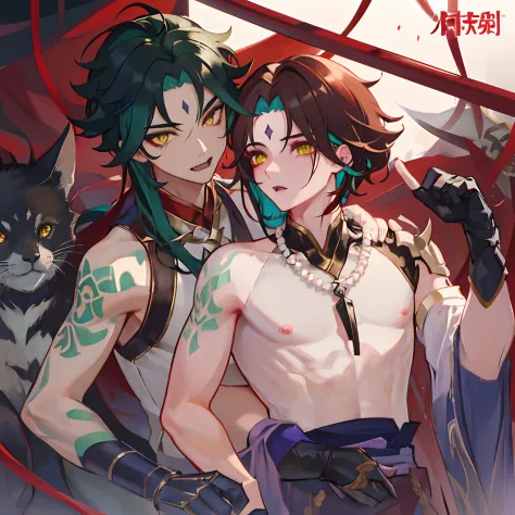 1boy,dark green hair,best quality,masterpiece,extremley,yellow eyes,male focus,beautiful eyes,Xiao (genshin impact), 1 boy, bead necklace, animal fangs necklace, arm tatoo, dark red hair, Chinese clothes, green eyes, male focus, red mark on forehead, no sh...