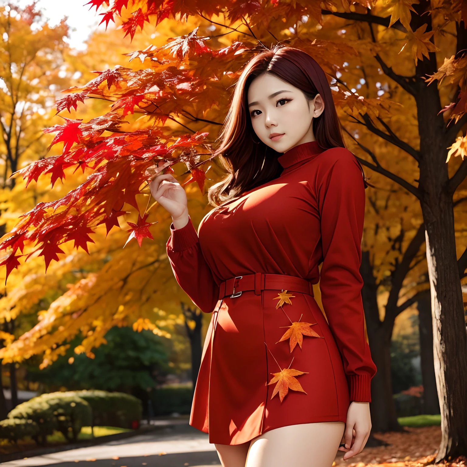 Un árbol con hojas de otoño sosteniendo hojas de arce con hojas rojas brillantes en sus manos々Mujer joven en ropa de otoño mirando, giga_tetona, tiro de cuerpo completo