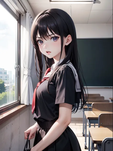 in 8K、top-quality、​masterpiece、ultra-detailliert、Ultra-high resolution、Anime style、1 schoolgirl、‎Classroom、angry