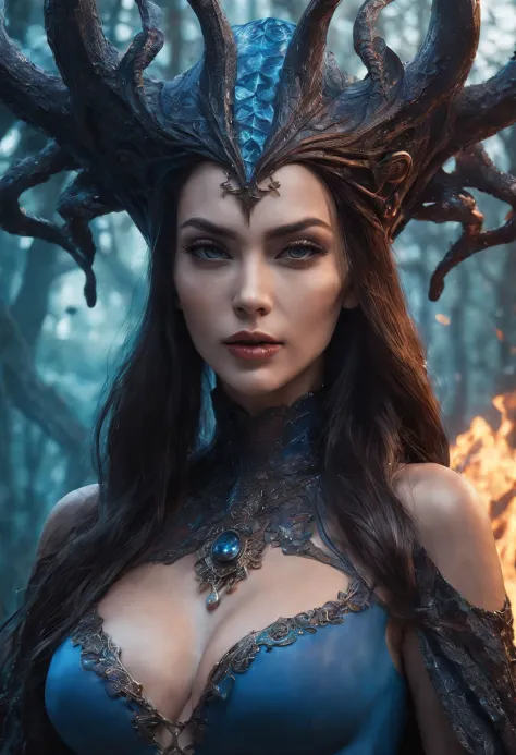 PhotoReal, hyper realistic photograph. Ultra high definition photography. A mysterious witch,( like Sofia Vergara ,very sexy , erotic ) cloaked in blue chaos energy, standing in a dark forest of mushrooms , mushrooms , glowing with a powerful energy. reali...