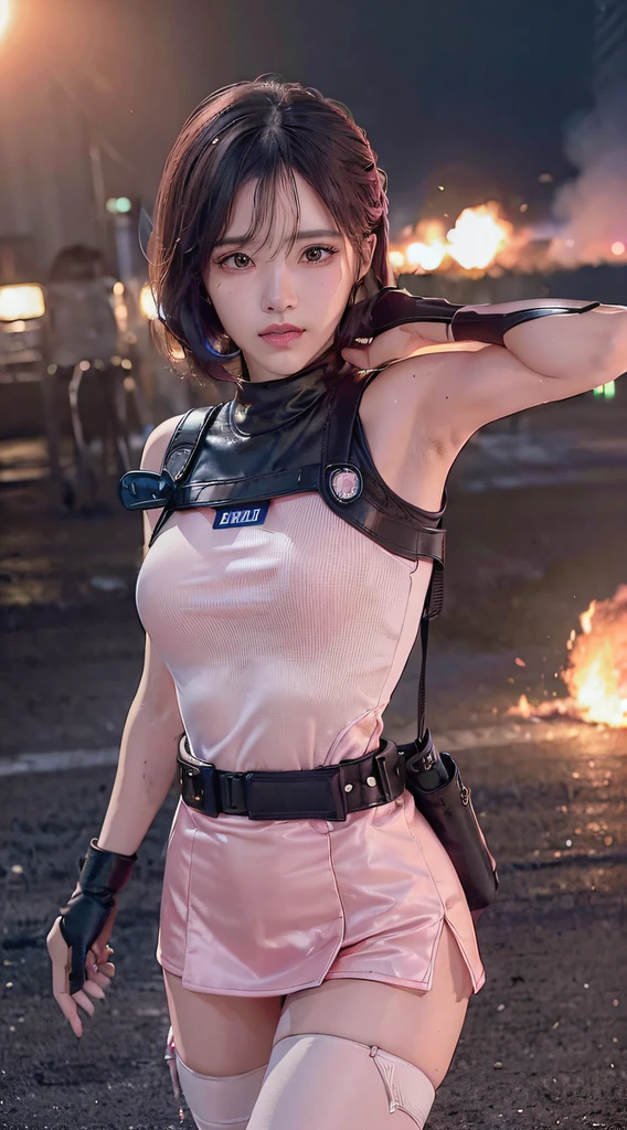 (Top Quality, Ultra High Definition, Photorealistic:1.4), (cowboy shot:1), 1 Beautiful Armed Girl, (Kpop Idol), Detailed Face, (Hair Style: Pink:1, fullbang, shortbob-style:1), Contrapposto, Perfect Anatomy, Smooth Skin, Professional Lighting, ((wearing Futuristic Police Racing Suits, low-mini-skirt, police wappen, High-tech Headset, military waist harness and gun-holder, racing gloves, transceiver, handgun)), (Cloths colors based on silver pink black white), (background, crashed cars, fire, (Explosion)),