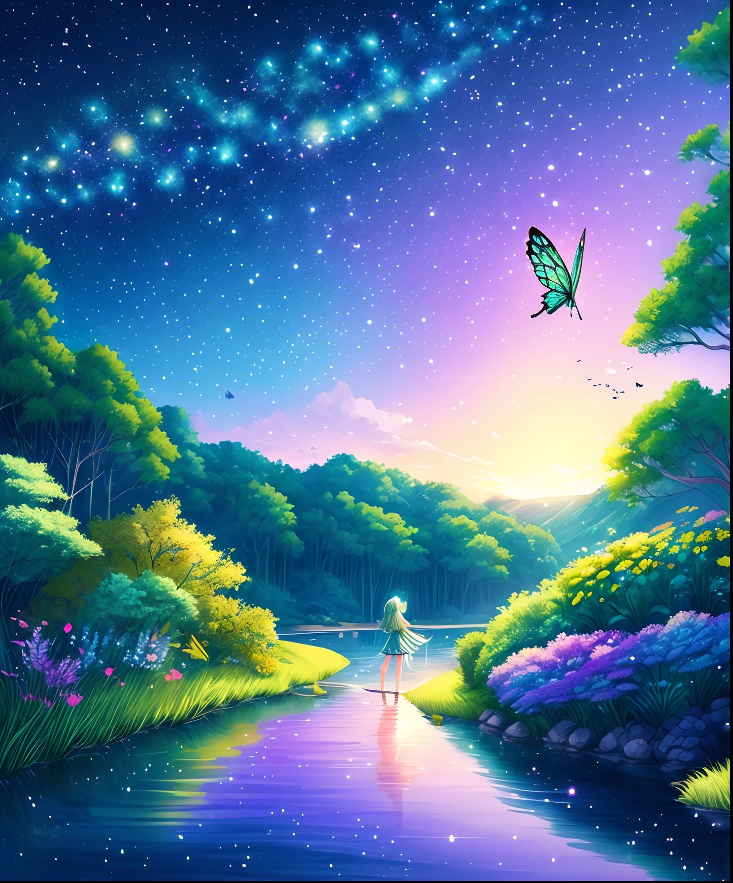 Personajes de chicas lindas、césped verde々Dibujando una mariposa volando sobre el agua, Mirando hacia el cielo estrellado. Rodéala de coloridas nebulosas y coloridos bosques.