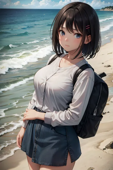 masterpiece, best quality,2girl,young girl, mocha eyes, gray, choppy bob,sleepy _face,shiny skin,large breasts,nice leg line:1.3,thick thighs, thin waist,, Pink_knit_cardigan, white_button-up_shirt, navy_blue_A-line_skirt, white_canvas_sneakers, black_hair...