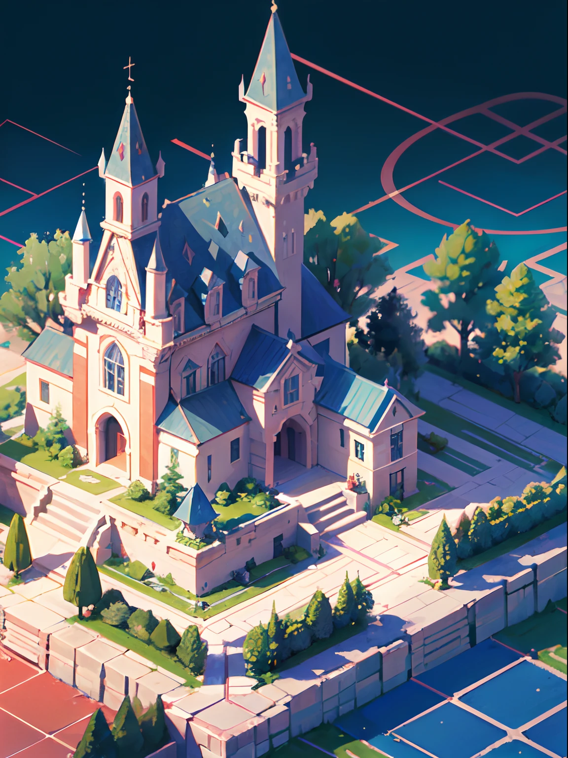 (isometry:1.5),tmasterpiece,HighestQuali,8K,（Isometric 2 of the Pumice Castle.5D art）,Dreamy Westward Journey style,Medieval palace,gotik，chies，Imposing，Palace with square，Plaza,Japanese-style structure,Q version --v 6