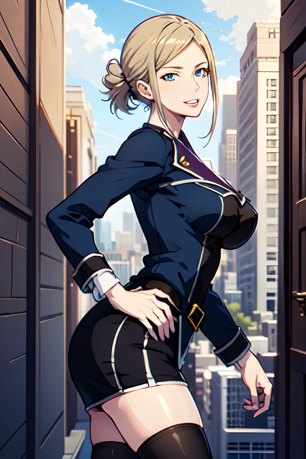 masterpiece, best quality, finely detailed, awashima seri, blue eyes, uniform, thighhighs, in the city, metropolis, outdoors, day, 1lady, solo, smile, large breasts, cowboy shot, parted lips, bent over, from side, looking to the side, hand on hip