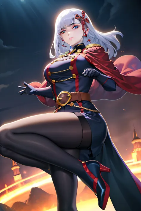 best quality,masterpiece,Master piece,extremely detailed CG unity 8k,cinemic lighting, yamashiro768, 1girl, solo, White hair, gloves, cape, long hair, white gloves, breasts, black pantyhose, belt, red cape, boots, blue footwear, full body, large breasts, h...