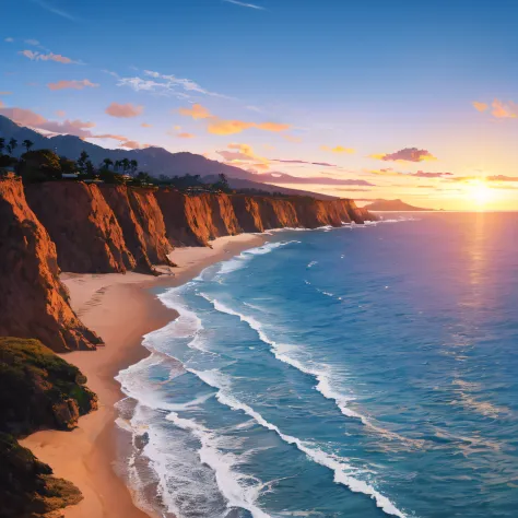 picture a sun-kissed californian coastline during twilight, where the horizon melds into a beautiful fusion of oranges and magen...