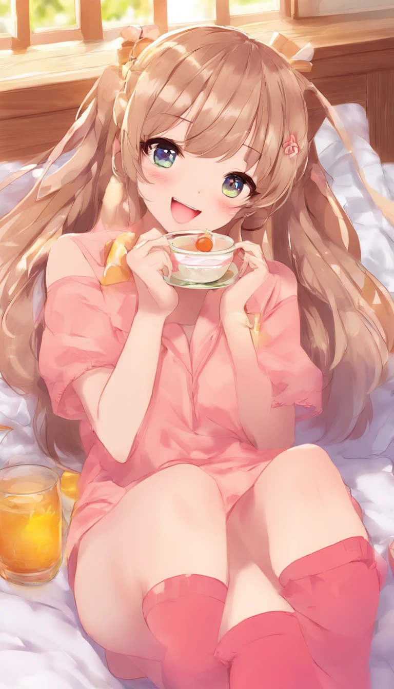 Anime girl sitting on bed with bowl of food and orange juice - SeaArt AI