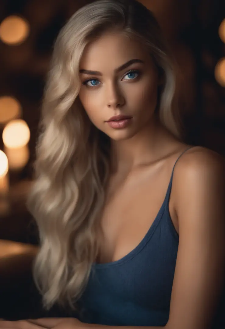 Arafed woman in full , Sexy girl with blue eyes, ultra realistis, Meticulous detail, portrait sophie mudd, blonde hair and large eyes, selfie of a young woman, bedroom eyes, violet myers, no makeup, natural makeup, looking straight at camera, face with art...